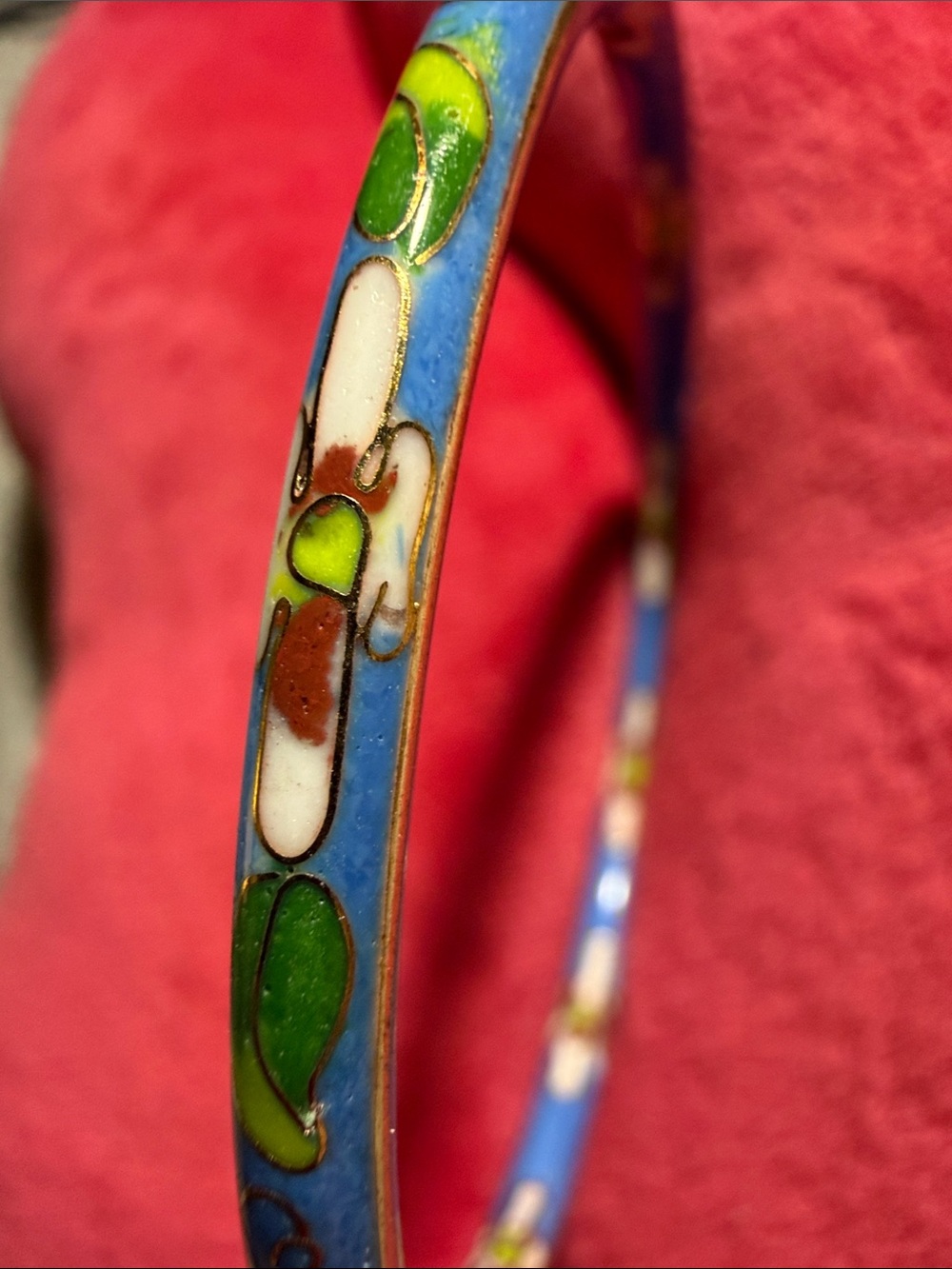 Cloisonné Floral Blue and Green Bangle Bracelet